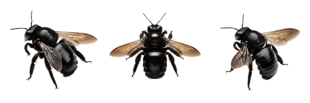 Common Carpenter Bees Xylocopa Species Isolated on White Background, Detailed Macro Illustration of Large Solitary Pollinating Insects for Biological Nature Study and Wildlife Design Assets