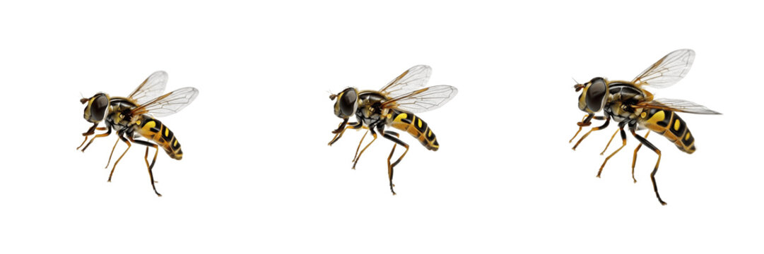 Set of Hoverflies Syrphid Flies Isolated on White Background, Detailed Macro Illustration of Yellow and Black Striped Insects Flying for Biological Nature Study and Wildlife Design