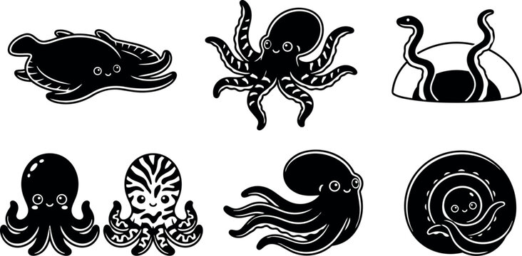 Kawaii vector sticker set of octopus and stingray characters in flat black silhouette with smiling faces and playful poses cute