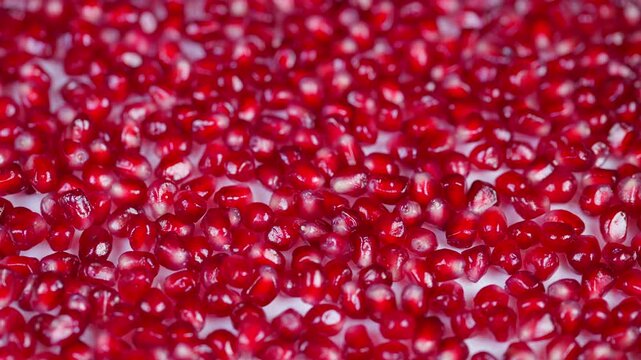 Pomegranate seed closeup. Close view highlighting ruby seeds and water droplets within fruit. Macro photograph capturing vivid red arils and glistening droplets of pomegranate