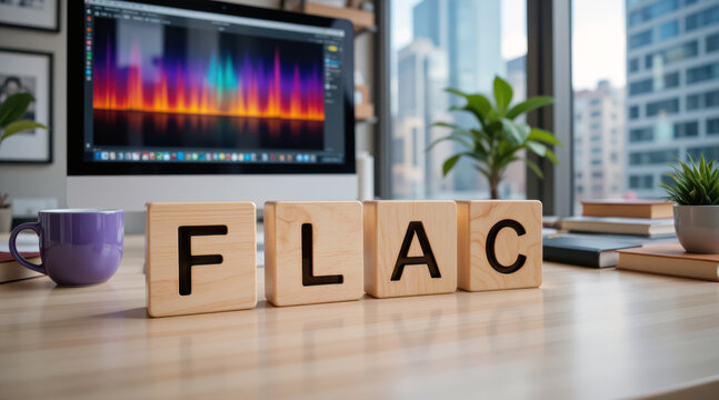 FLAC Free Lossless Audio Codec format for music storage and high fidelity listening, showing lossless sound file use for audio archive, playback, editing, mastering and media library work