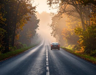 Obraz premium A car travels down a tree-lined road on a foggy autumn morning. The sun shines through the mist, illuminating the leaves