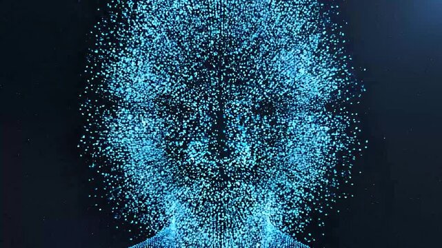 Abstract digital face representation against a blue technology background