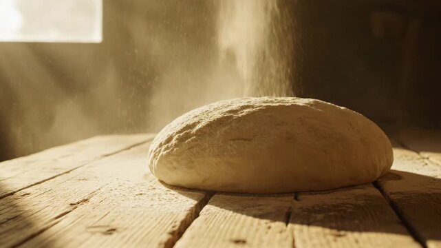 Flour falling onto fresh bread dough on rustic wooden table for bakery and food content