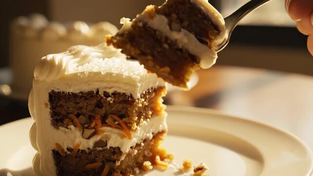 Fork cutting into slice of carrot cake with cream cheese frosting for food and dessert content