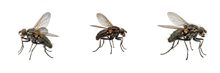 Fototapeta premium Flesh Fly Sarcophagidae Isolated on White Background Common Scavenger Insect Macro Photography Set Triple Angle View Household Pest Disease Vector High Quality Stock Asset Digital