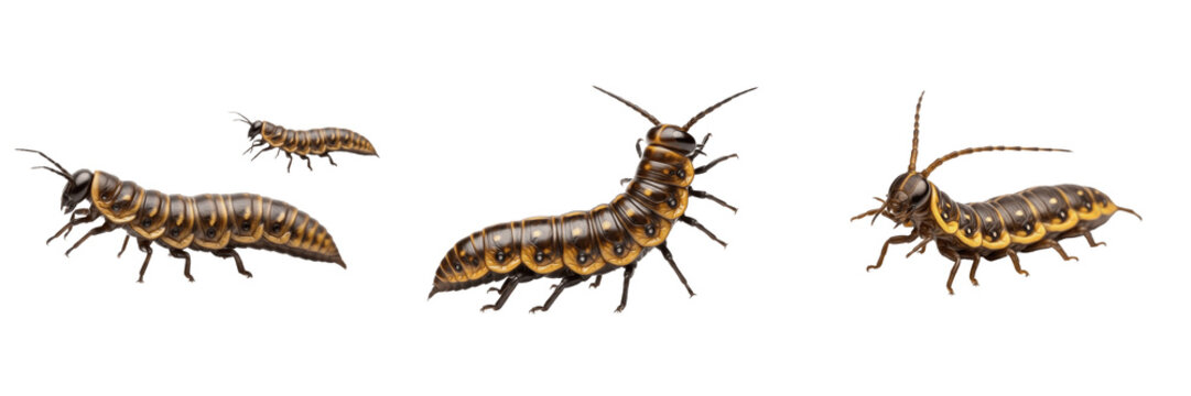 Silverfish Lepisma saccharinum Isolated on White Background Small Wingless Bristletail Household Pest Insect Macro Photography Set Triple Angle View Storehouse Kitchen Infestation Asset