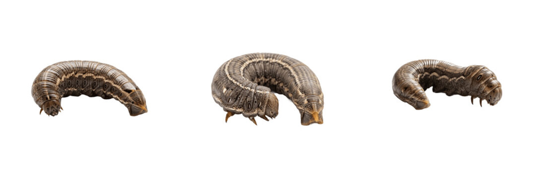 Fall Armyworm Spodoptera frugiperda Isolated on White Background Small Dark Brown Striped Larva Garden Crop Pest Insect Macro Photography Set Triple Angle View High Quality Stock Asset