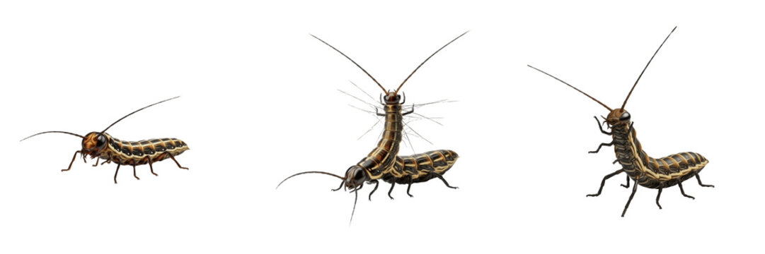 Firebrat Thermobia domestica Isolated on White Background Small Flightless Wingless Bristletail Household Pest Insect Macro Photography Set Triple Angle View Kitchen Storehouse Infestation Asset