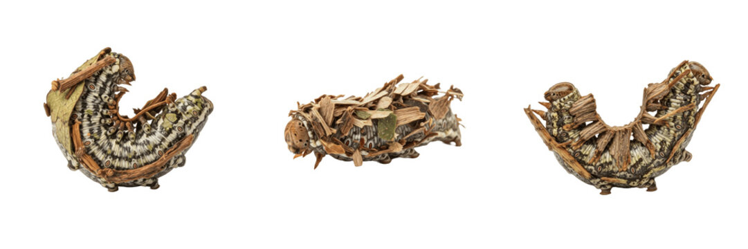 Bagworm Moth Caterpillar Psychidae Isolated on White Background Case-bearing Larva Garden Tree Pest Insect Macro Photography Set Triple Angle View Camouflage Protective Shell Stock