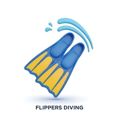 Obraz premium Flippers Diving Icon Featuring Blue and Yellow Swimming Fins with Water Splash Effects Isolated on a White Background for Aquatic Sports Design Projects