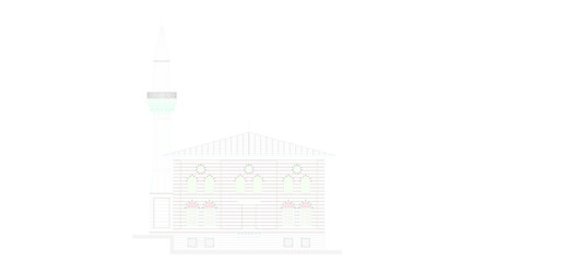 Fototapeta premium Vector sketch illustration silhouette design architectural details construction section view facade site plan of place of worship mosque and church with tower with interior and scale size classic vint