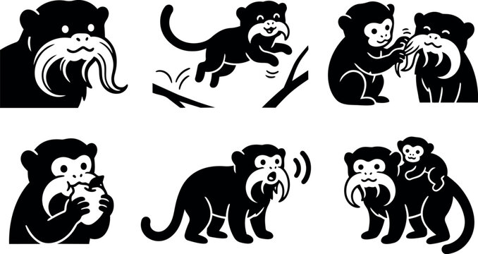 Flat vector icon set of emperor tamarin monkeys in playful poses grooming eating jumping calling with baby portrait