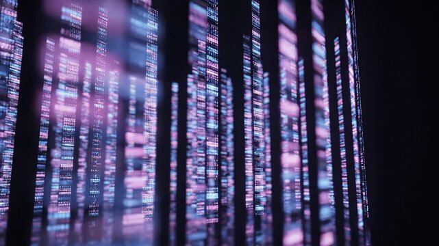 Glowing genomic data sequences scrolling on dark background for science and biotechnology content