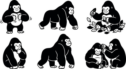 Fototapeta premium Flat vector gorilla characters set six poses close up and full body sitting grooming eating leaves playful bold silhouette monochrome icons
