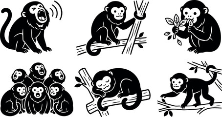Obraz premium Tattoo flash set of six monkey silhouettes showing yawning climbing eating leaves group and sleeping poses on branches black vector
