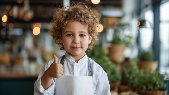 Cute little chef in a white apron giving a confident thumbs up in a restaurant setting, defocused background, young cook concept, children's culinary character, with copy space