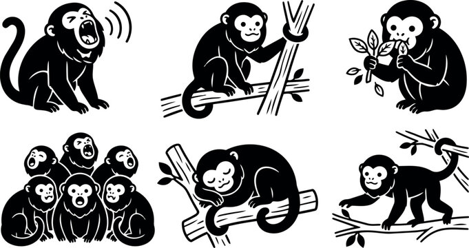 Tattoo flash set of six monkey silhouettes showing yawning climbing eating leaves group and sleeping poses on branches black vector