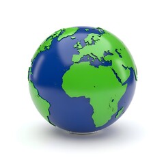 Fototapeta premium Globe Icon Featuring a Three Dimensional Earth Model with Green Continents and Blue Oceans Isolated on a Clean White Background for Design Projects