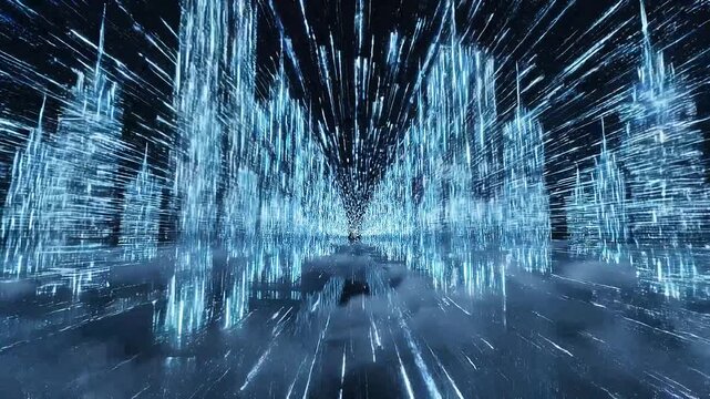 Abstract digital waterfalls in an imaginary landscape with atmospheric lighting