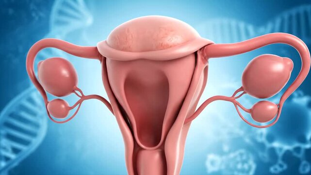 Medical visualization of the female reproductive system showing the uterus and ovaries. Gynecology and women's health concept for fertility treatment and reproductive science