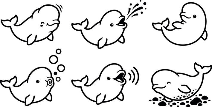 Line art cute whale icon set showing six playful beluga poses including spouting blowing bubbles smiling and resting on seabed