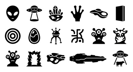 Solid black icons for aliens and extraterrestrial life. UFOs, alien biology, and strange planet collection. Vector illustration for sci-fi gaming, paranormal research, and cosmic mystery concepts. Bla © VectorGomes