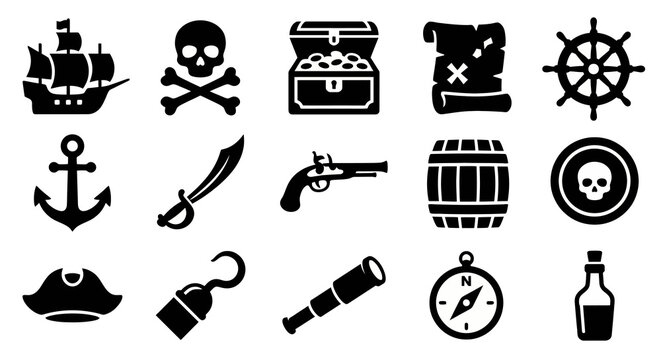Solid black icons for piracy and ancient treasures. Pirate ship, skull, and gold chest collection. Vector illustration for adventure games, maritime history, and treasure hunting concepts. Black and w