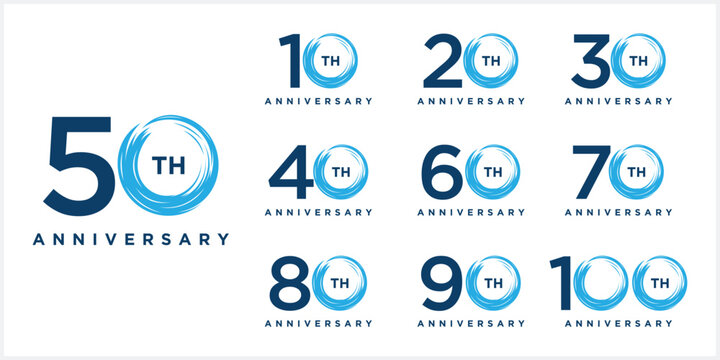 Collection of number 10 to 100 anniversary logo design. Blue sea waves vector symbol icon concept