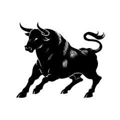 Fototapeta premium The strong black bull charges forward aggressively with its powerful horns, showing its dominance in a vintage engraved illustration style.