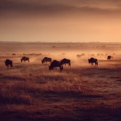 Fototapeta premium A herd of wildebeest graze peacefully on the African savanna du a warm and hazy sunrise, creating a serene and beautiful landscape scene.