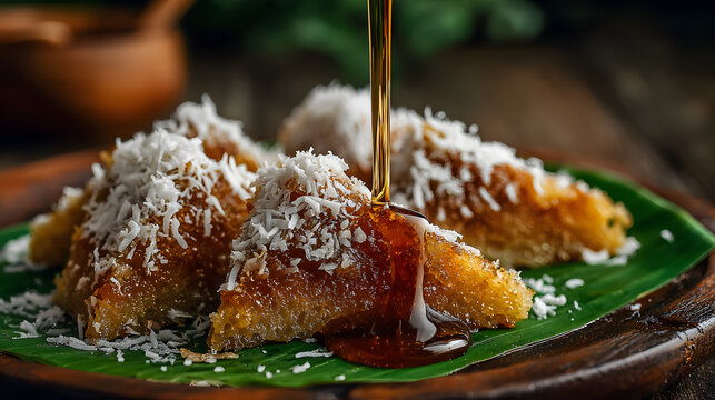 Palm sugar syrup pours over lupis rice cakes