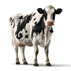 Fototapeta premium A dairy cow with black and white spots stands in a studio against a pure white background looking directly at the camera on a sunny day.
