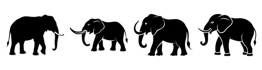 Silhouette of elephant family walking in line at sunset minimalist black and white illustration