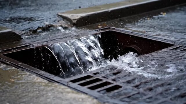 Heavy rain water flowing into a street storm drain during a downpour. Urban drainage system managing stormwater runoff from the wet street on a rainy day