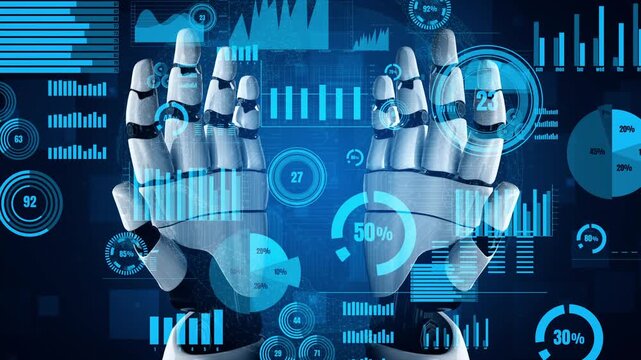 Robotic hands represent innovation in technology and data analysis, set against a digital backdrop filled with graphs, metrics, and futuristic designs. Xenic