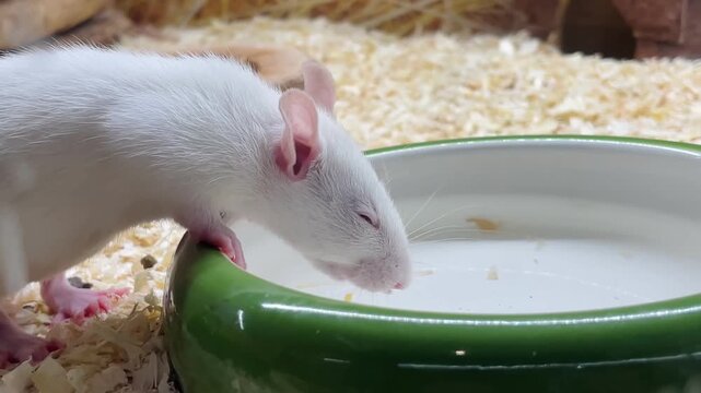 Close-up of a white laboratory mouse drinking water. The animal is observed through glass while using a water source inside an enclosure. Rodent face and behavior.