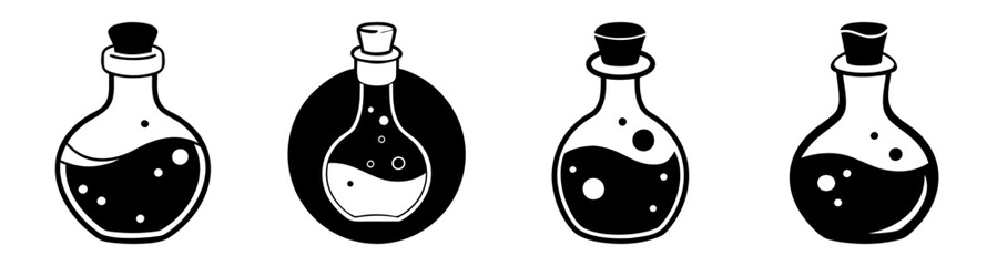 Black and white alchemy potion bottles set with cork stoppers minimalist vector illustration lab chemistry