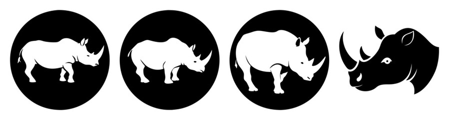 Obraz premium Silhouette of rhino and cattle animals in circular frames minimalist black and white vector illustration