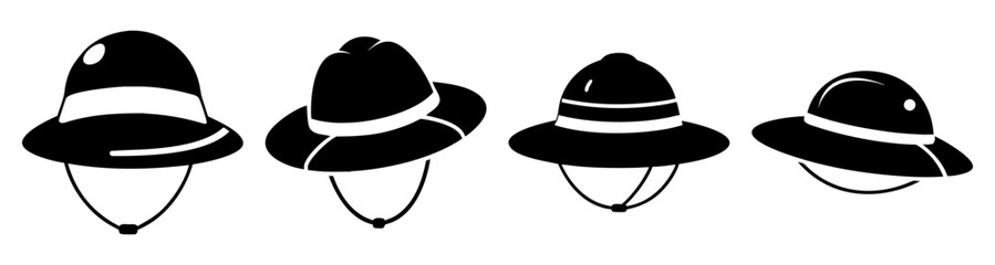 Fototapeta premium Set of four black safari hats isolated on white background minimalist design fashion accessory summer travel outdoor