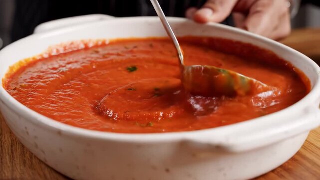 Chef spreading tomato sauce in baking dish and placing meatball for Italian food cooking content