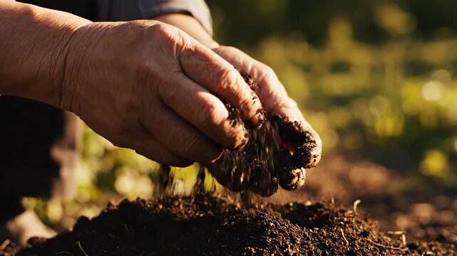 Farmer hands sifting and crumbling rich dark soil outdoors for agriculture and gardening content