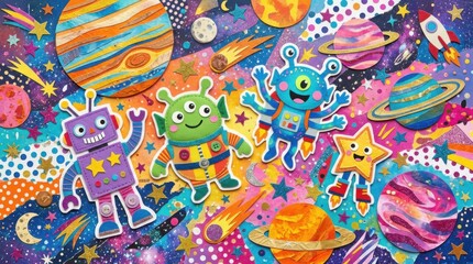 Fototapeta premium Colorful Space Adventure - Aliens, Planets, and Cosmic Wonders.