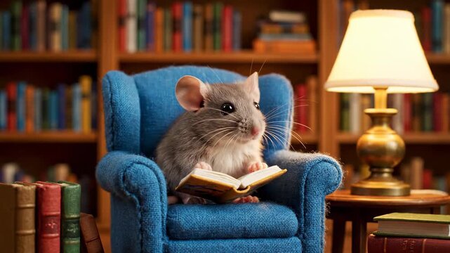 A studious gray mouse reads a tiny book while sitting in a blue armchair in a library. This charming composite sequence represents education, knowledge, and the magic of storytelling