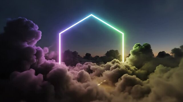 Neon glowing hexagon frame floating above dramatic clouds for abstract intro background