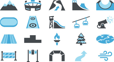 Collection of winter sports icons representing mountain terrain, snow events, and competition venues © Septarim
