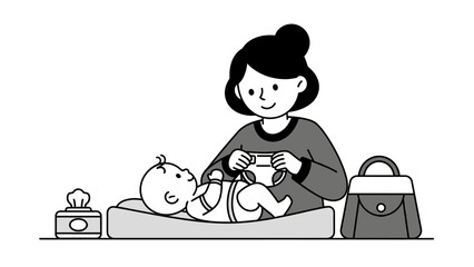 Fototapeta premium Mother changing baby diaper on a changing table.