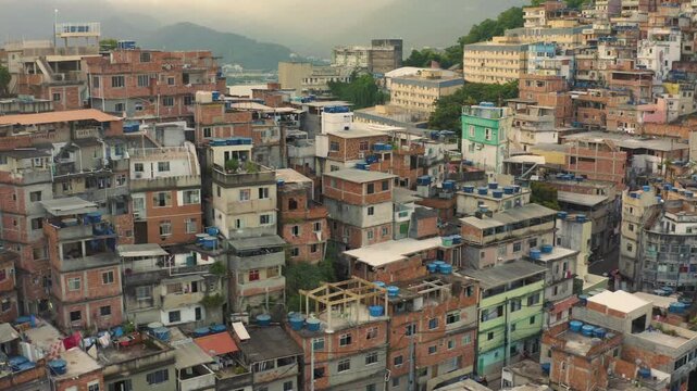 Drone, sweeping shot of a favela situated between Ipanema and Copacabana in Rio de Janeiro.