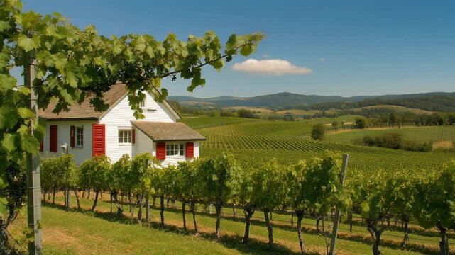 House amidst lush vineyards under blue sky