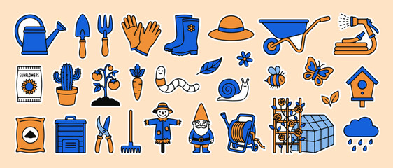 Gardening Essentials Illustration: A colorful array of gardening tools and elements is artfully arranged, representing the joy and activity of gardening. From watering cans to wheelbarrows. © Saiid-Designs